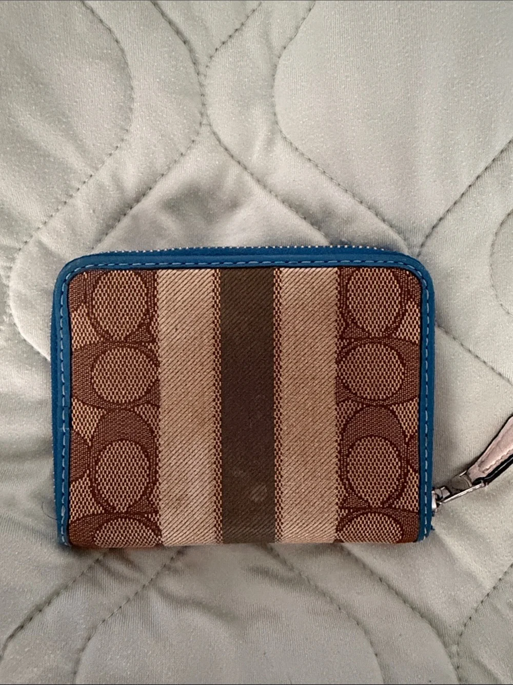 COACH New York Brown Signature Zip Wallet with Pink Patch
